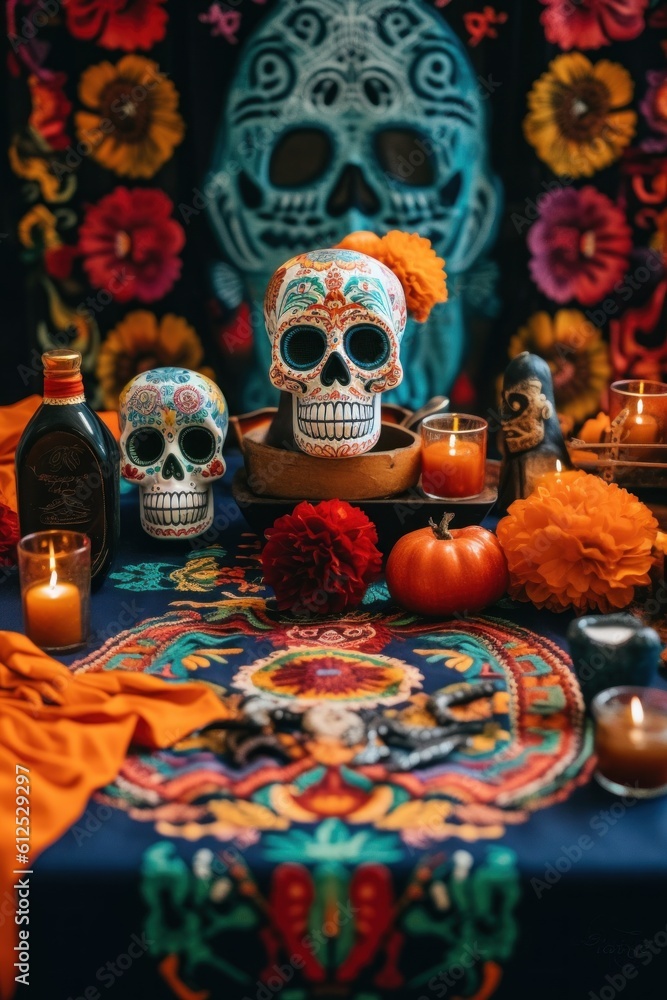 Poster a table topped with a blue table cloth covered in skulls. generative ai image.