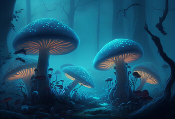 Fototapeta na wymiar Magic glowing mushrooms in the forest. AI Generated