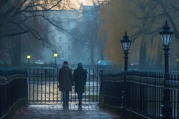 two individuals strolling down a rainy sidewalk under an umbrella. Generative AI