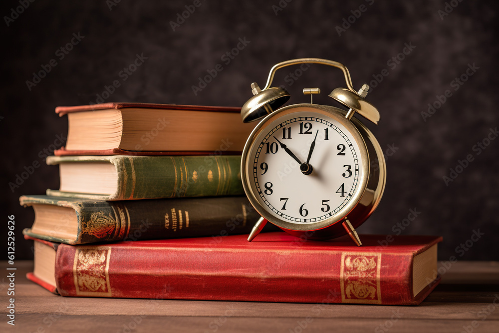 Poster a clock sitting on top of a stack of books. generative ai.
