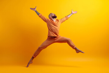 Fototapeta na wymiar Athletic man jumping in dynamic pose, dance, wearing orange shirt and pants, yellow background, studio portrait. Generative AI