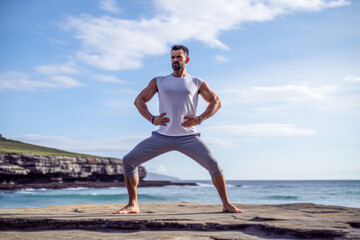 Fototapeta na wymiar Athletic man in stretching exercise yoga pose by the sea shore, outdoor. Generative AI
