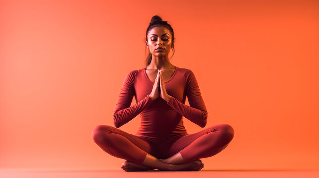 Woman with eyes closed and hands together sitting in meditation yoga pose, cross legged, wearing red long sleeve shirt and leggings, wide. Generative AI
