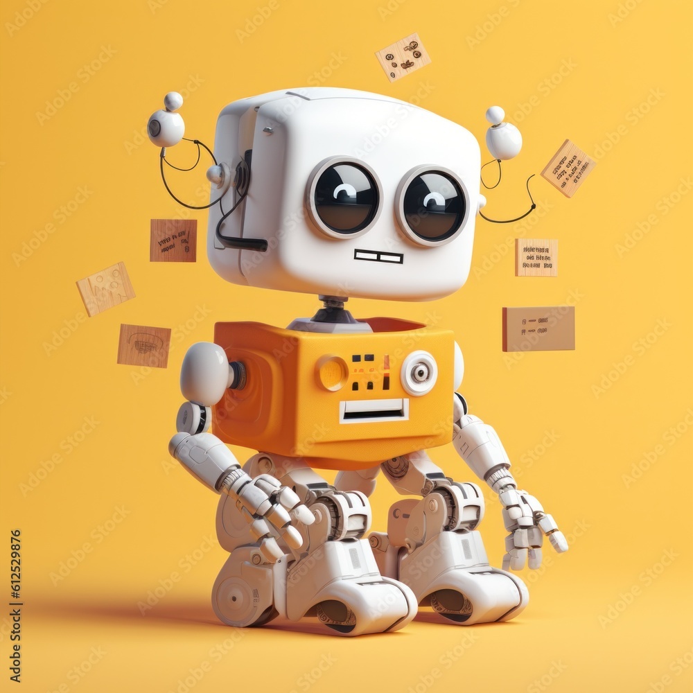 Poster a robot sitting on top of a yellow surface. generative ai image.