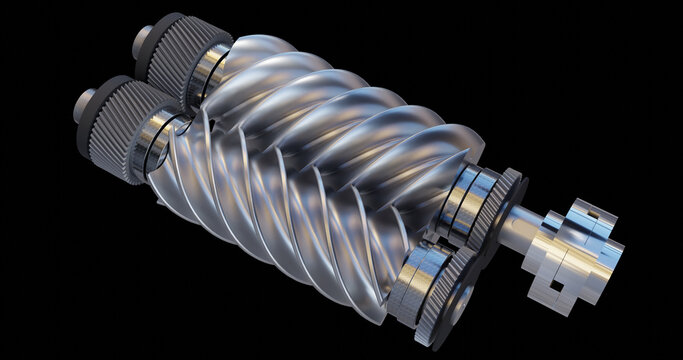 Illustration of male and female screw rotors with bearings and helical gears
