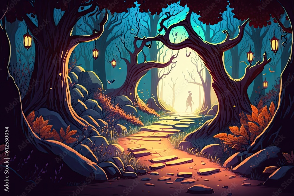 Poster serene forest path with lush trees and foliage. generative ai