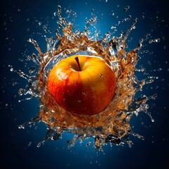 Fresh fruits with water splash, Healthy food, Fresh red apples falling into water with splash on blue background. Fruits falling into water with splashes on blue background, close up, AI generated