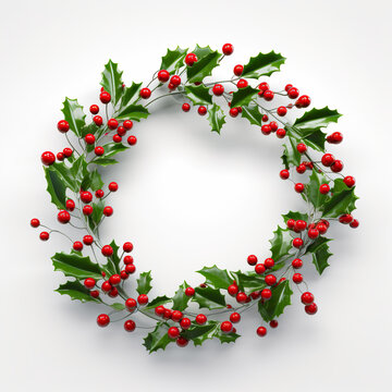 A wreath of holly leaves and red berries. Generative AI. Decorative clipart element on white background.