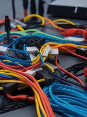 Colorful wire harness and plastic connectors for vehicles, automotive industry and manufacturing.