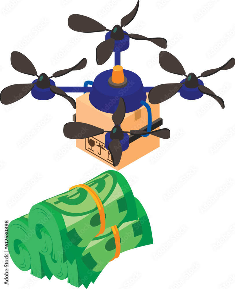 Poster modern delivery icon isometric vector. quadcopter drone with box and dollar bill. autonomous logisti