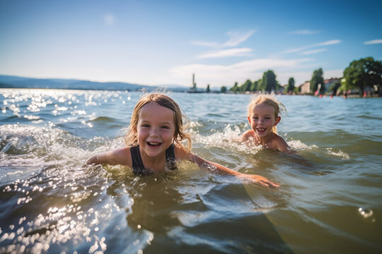 Summer vacation concept, happy kids having fun swimming and playing in the sea in summer, AI generative content.