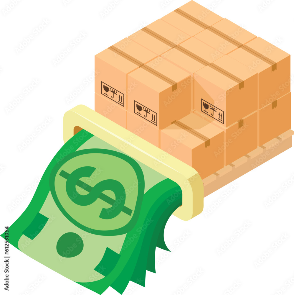 Poster warehouse logistic icon isometric vector. parcel box on pallet and dollar bill. logistic concept, wa