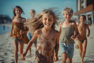 Group of happy kids having fun at sea and sand beach in summer, AI generative content.