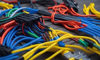 Colorful wire harness and plastic connectors for vehicles, automotive industry and manufacturing.
