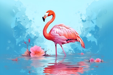 Pink flamingos illustration standing in the turquoise sea water under the blue sky with clouds on a sunny day, AI generative content.