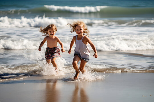 Happy kids having fun playing at sea and sand beach in summer, AI generative content.