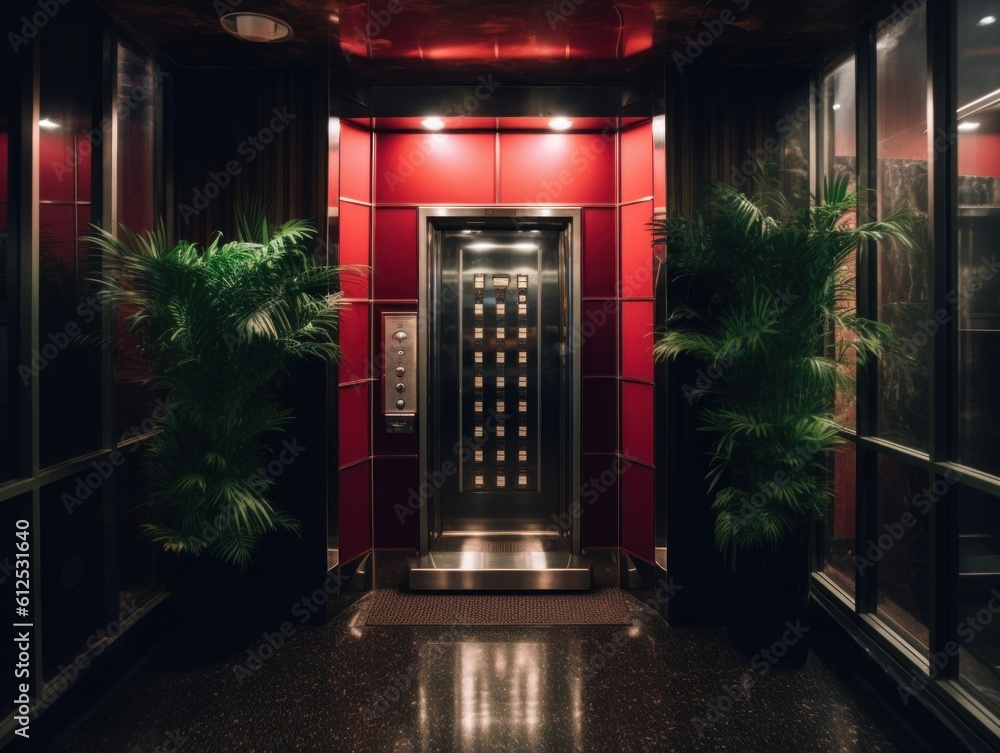 Poster an elevator with a bunch of plants in it. generative ai image.
