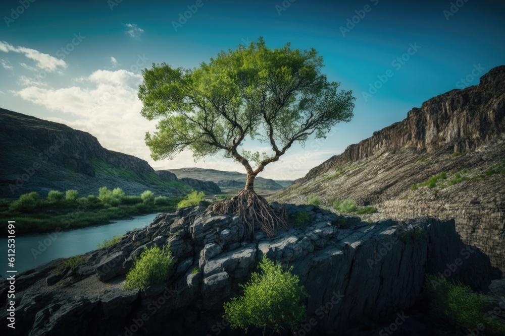 Poster tree defying the odds and growing out of a rock in the midst of a flowing river. generative ai