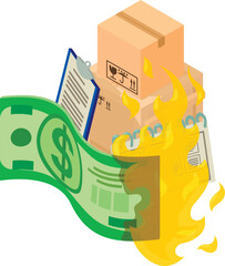Property insurance icon isometric vector. Warehouse property and burning dollar. Financial concept, fire insurance