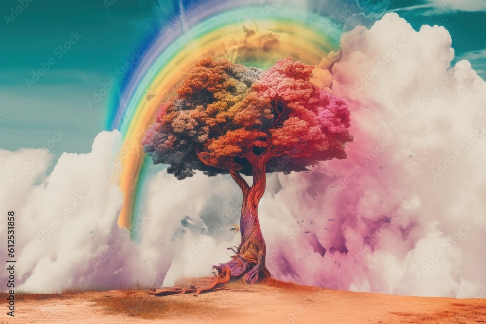 Aufkleber a tree with a rainbow in the background. generative ai image.