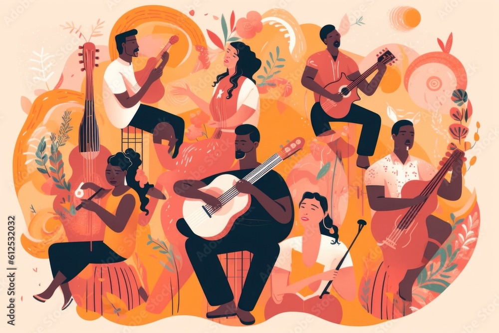 Poster a group of people playing instruments and singing. generative ai image.