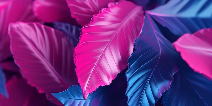 A background of shiny metallic blue and magenta autumn leaves. Creative fall wallpaper concept. Illustration. Generative AI