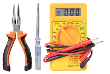 Basic accessories for an electrician repairing home wiring. Isolated background.