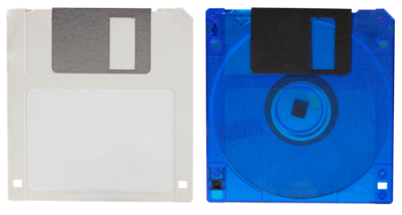 Two different floppy disks for storing computer data on an isolated background.