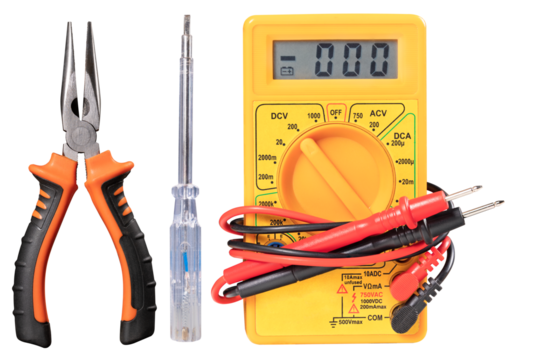 Basic accessories for an electrician repairing home wiring. Isolated background.