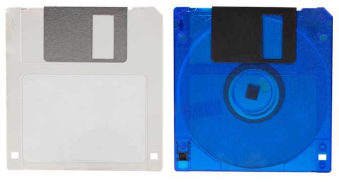 Two different floppy disks for storing computer data on an isolated background.