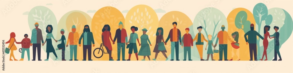 Poster a group of people standing in a line. generative ai image.