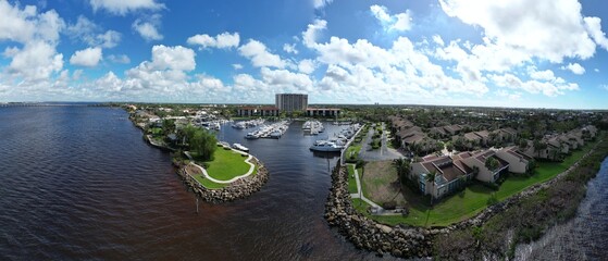 Drone aerial shot of Intracoastal Waterway on a sunny day with cloudy sky background