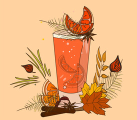 Hot mulled wine drink in a glass with orange slices. Decorated with autumn leaves, badjan, acorns, cinnamon and spruce branches. Vector illustration, isolated on beige background