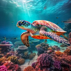 Fototapeta na wymiar Sea turtle underwater photography portrait. Clear ocean water diving holiday coral reef swimming snorkeling photo, photo of Sea turtle in the Galapagos island,