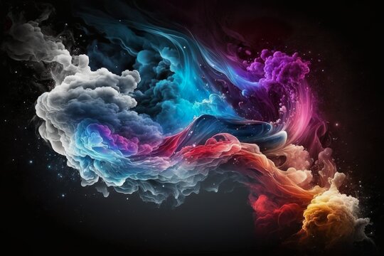Abstract colored smoke, blue, grey, white transparent clouds on black background. Very detailed close up digital illustration, ultra high resolution, very wide dreamy texture, background