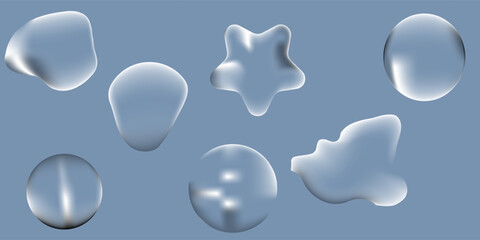 A set of transparent droplets of different shapes on a blue background. Vector graphics with isolated layers