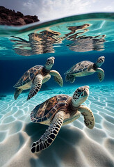 Turtles swim on ocean. AI Generated
