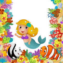Obraz na płótnie Canvas cartoon scene with coral reef and happy fishes swimming near mermaid princess isolated illustration for children