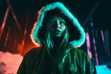 blonde woman wears a thick winter jacket with fur trimmed hood created with Generative AI technology