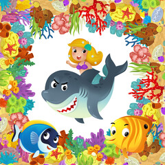Fototapeta na wymiar cartoon scene with coral reef and happy fishes swimming near mermaid princess isolated illustration for children