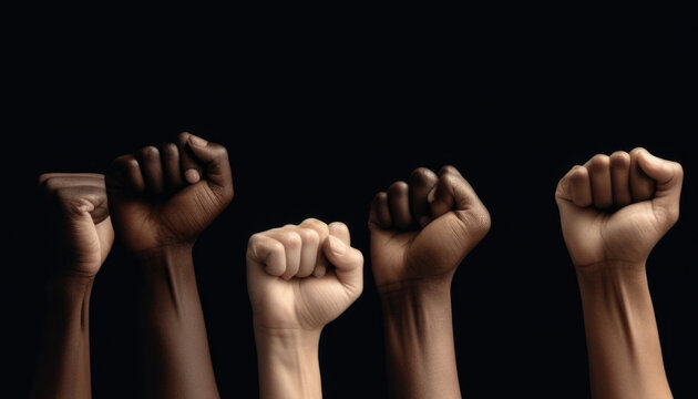People of different races raise their fists in the air.