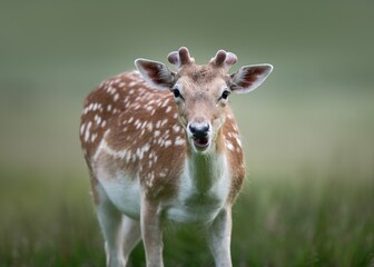Selective focus shot of a beautiful brown spotted doe on a grassy field