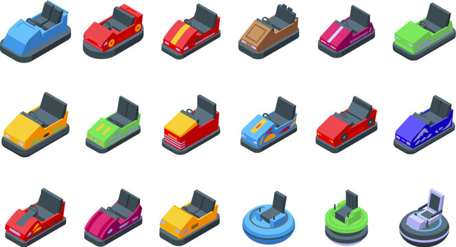 Bumper cars attraction icons set isometric vector. Park game. Carnival fun