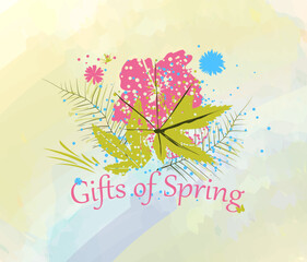 Spring illustration with leaves, branches, butterflies, with text. Vector watercolor background