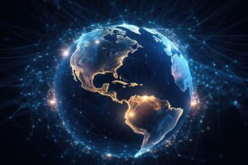 Global network connection covering the earth with lines of innovative perceptron. Generative AI © barmaleeva