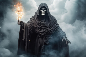 Grim reaper emerging from smoke. Horror and Halloween concept. Generative AI - obrazy, fototapety, plakaty