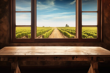 Empty wooden table. Vineyard view out of open window. Generative AI