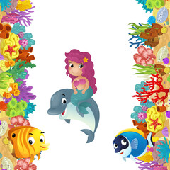 Fototapeta na wymiar cartoon scene with coral reef and happy fishes swimming near mermaid princess isolated illustration for children