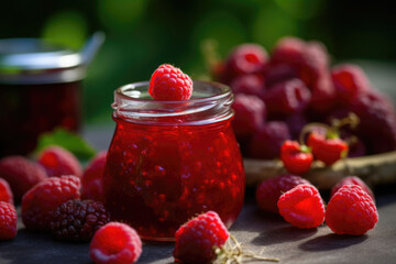 Jar of raspberry jam and fresh berries. Generative AI