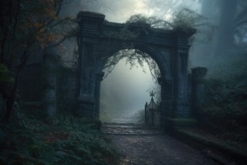 an ancient stone archway set amidst a dense and eerie forest. Generative AI